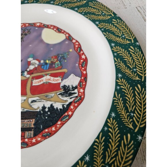 Homer Laughlin turano sleigh scene reindeer green 12-in dinner plate Xmas - Picture 5 of 6